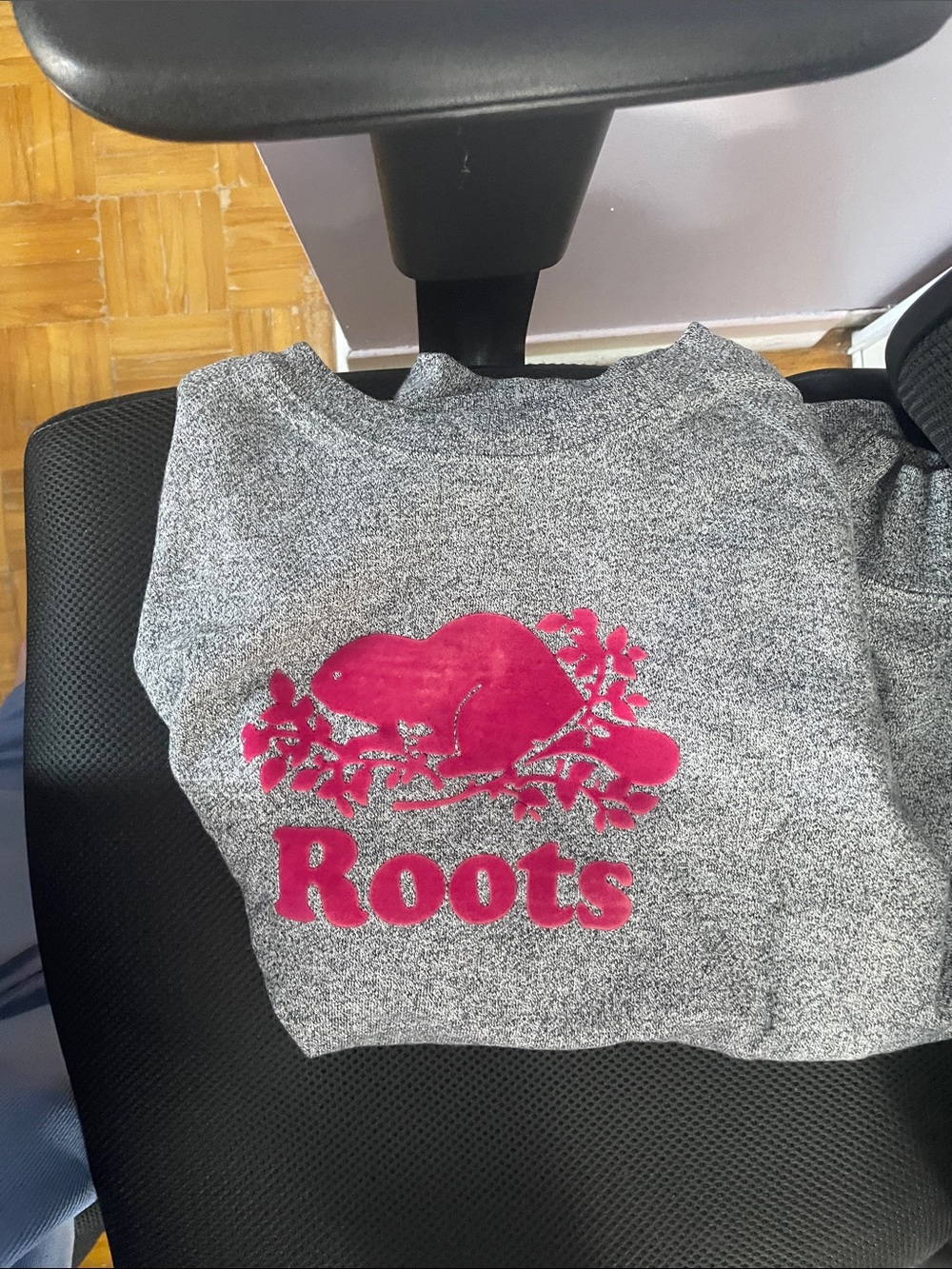 Roots Heather Gray Sweatshirt with Bright Pink Logo
